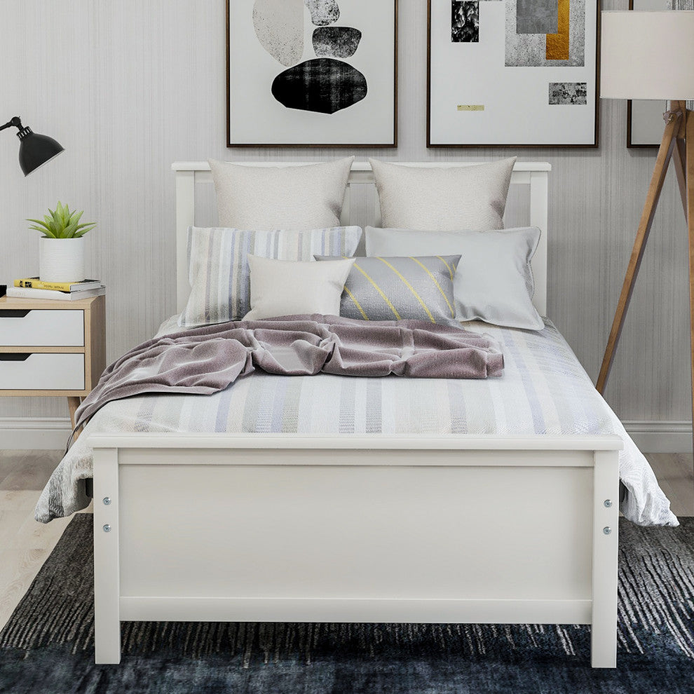 Gewnee Wood Twin Size Platform Bed with Headboard and Footboard in White