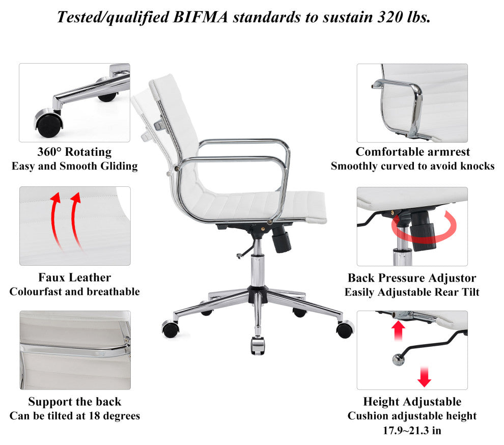 LUXMOD Mid Back PU Computer Office Desk Chair, White