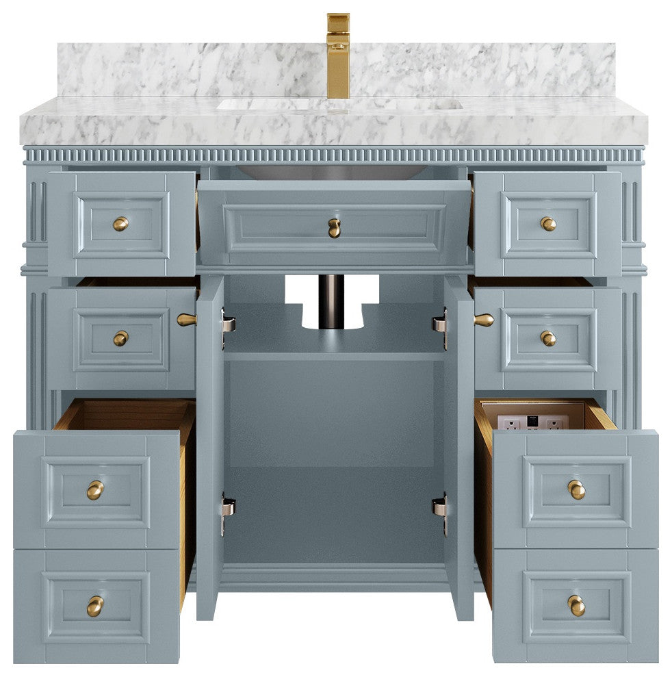 Paris 42" Single Sink Bathroom Vanity, Blue Heather 2" Carrara Marble