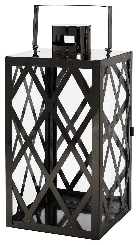 Cecil Outdoor 14" Modern Stainless Steel Lantern, Black