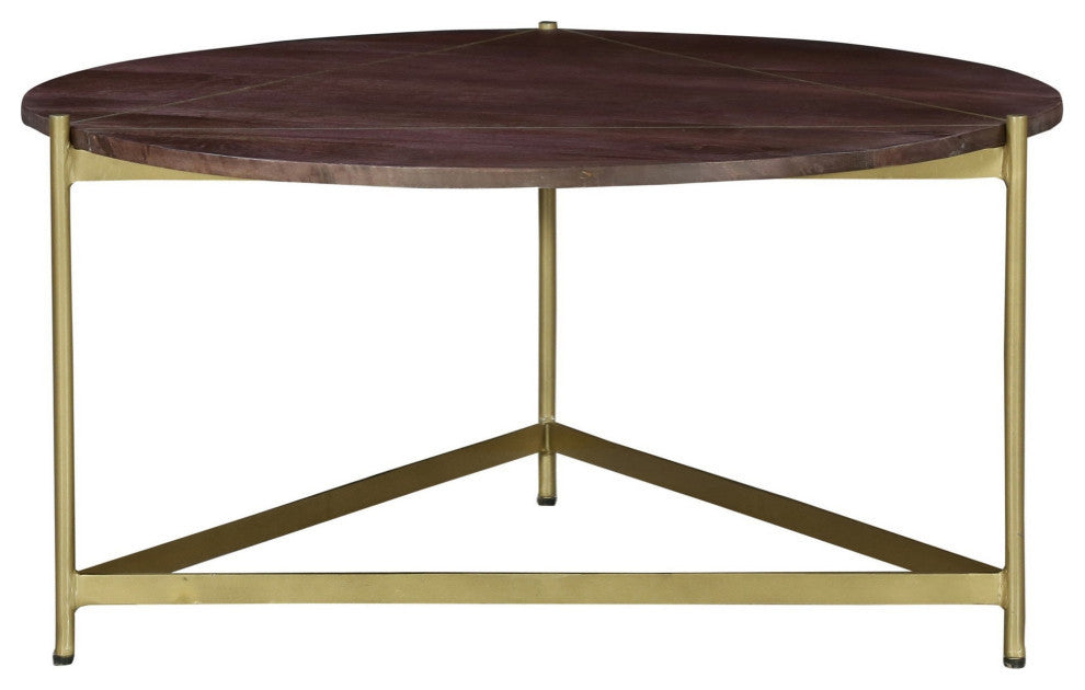 Ellis 32 Inch Round Wood Coffee Table with Brass Metal Base, Brown, Matte Gold