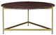 Ellis 32 Inch Round Wood Coffee Table with Brass Metal Base, Brown, Matte Gold