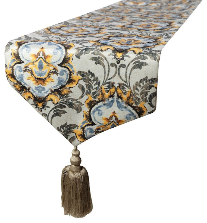 Table Runner Yellow Satin 16"x120", Damask with Tassels, Flaring Damask