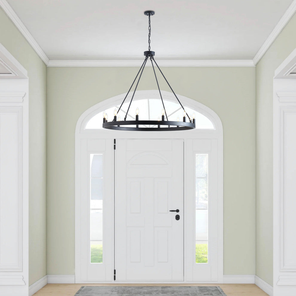 12-Light Wagon Wheel Black Pendant Chandelier