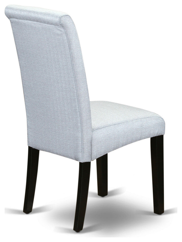 3Pc Small Round Table, Grayish Blue Fabric Kitchen Chairs, Black Chair Legs