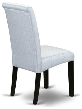 3Pc Small Round Table, Grayish Blue Fabric Kitchen Chairs, Black Chair Legs