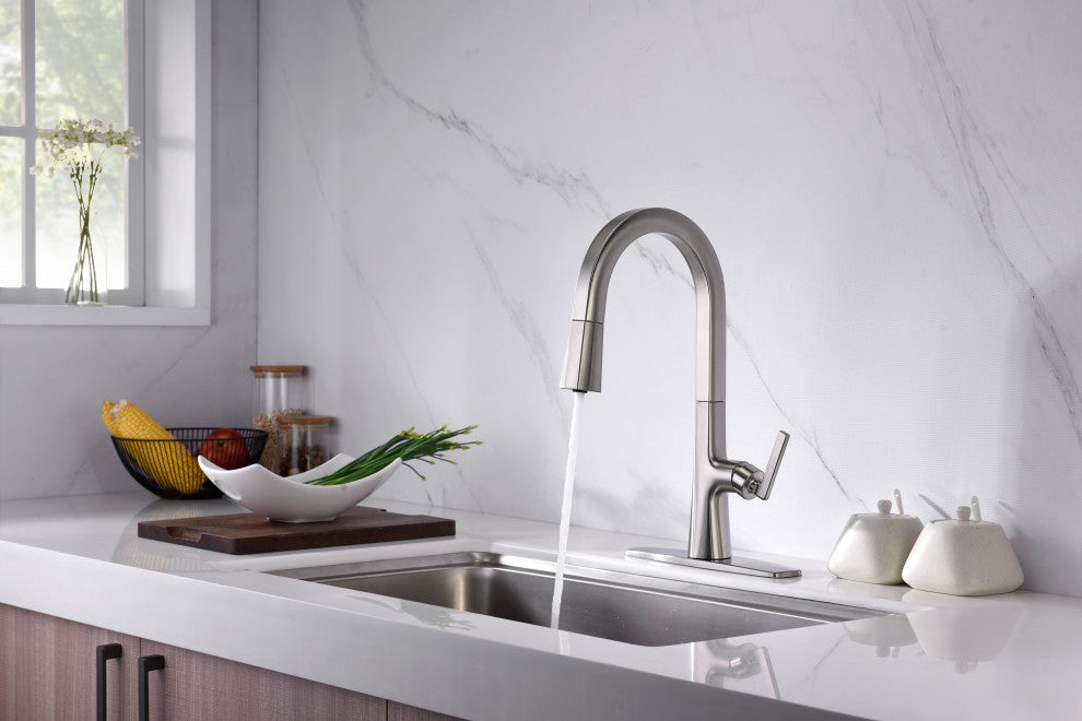 Saint Lazare Single Handle Pull Down Kitchen Faucet in Matte Black, Brushed Nick