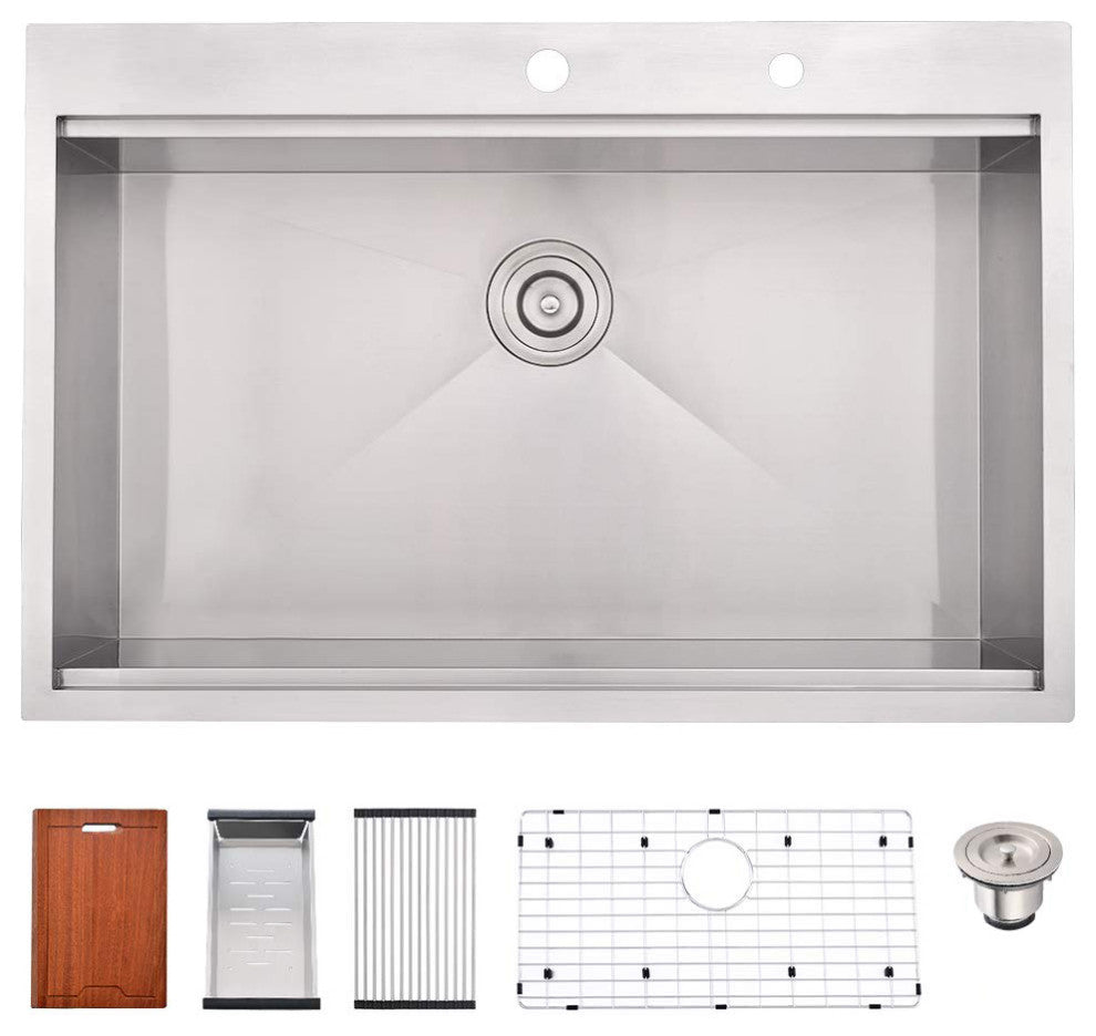 33" L X 22" W Premium Stainless Steel Kitchen Sink, Brushed Nickel