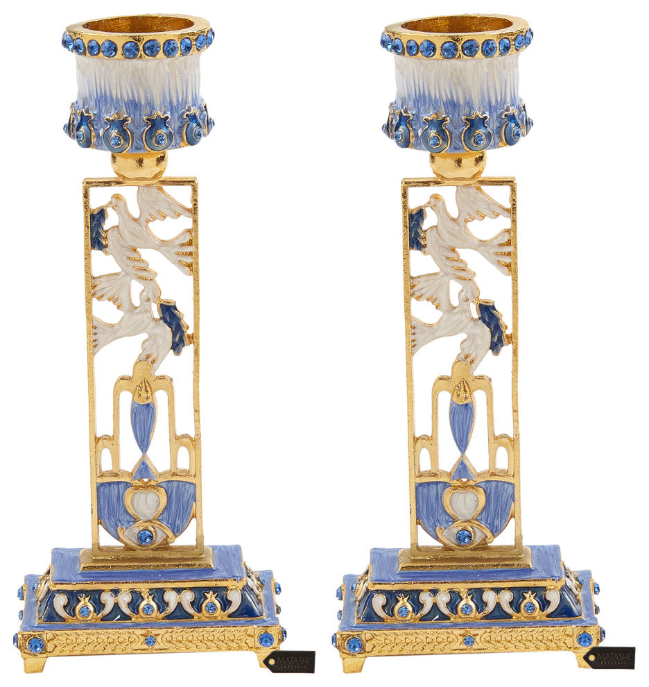 Matashi Shabbat Candlestick Holder (2-Piece Set) Hand-Painted Pewter(Blue)
