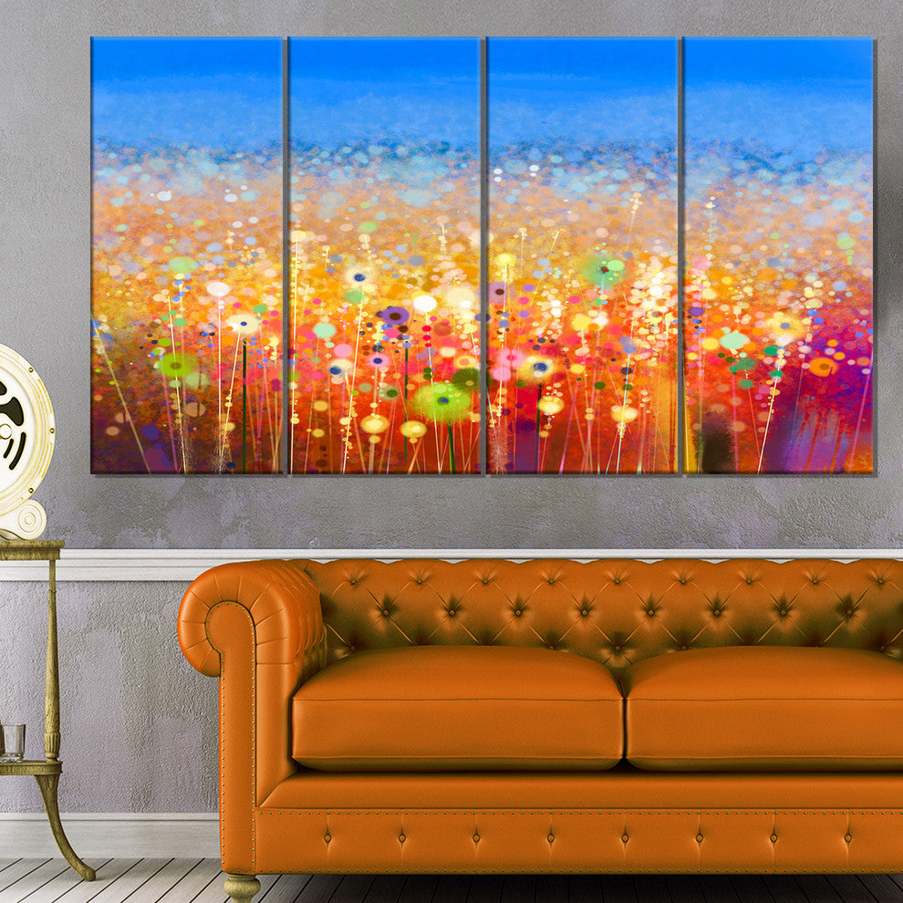 Abstract Flower Field Watercolor Painting, Floral Canvas Art, 48"x28", 4 Panels