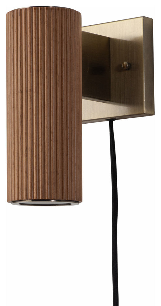 Tambo Wall Sconce - Dark Walnut Wood Finish, Weathered Brass, Dimmer, Natural Ash
