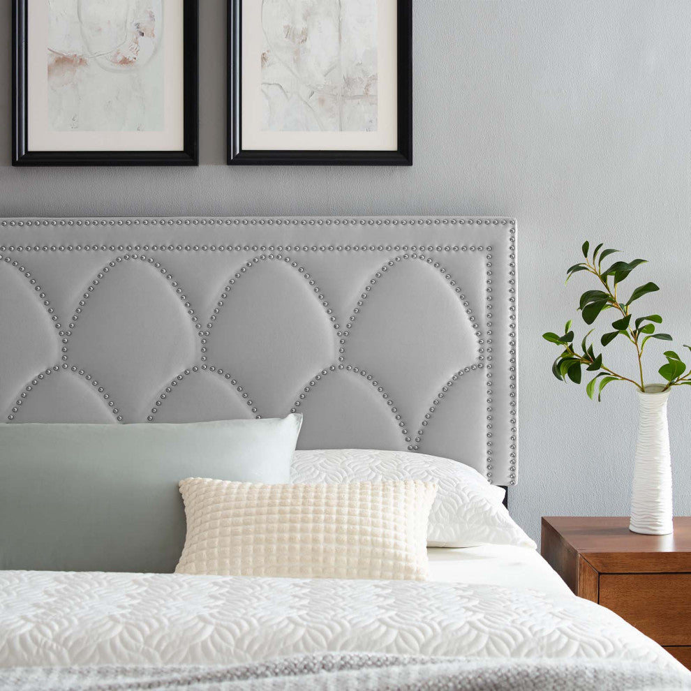 Headboard, Nailhead, Twin Size, Gray, Velvet, Modern, Bedroom Guest Suite