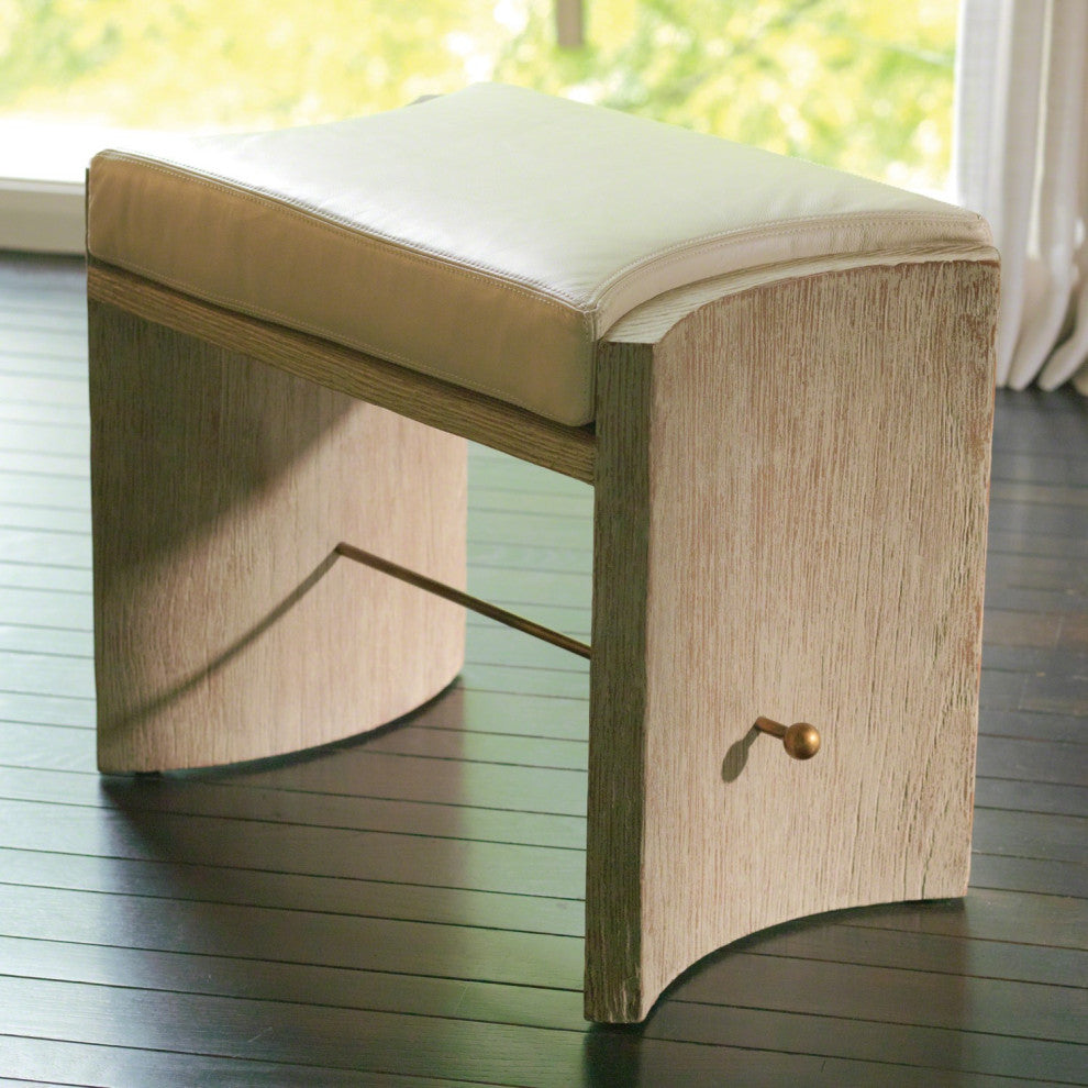 Mid Century Modern Curved Bench Stool  Light Wood Ivory Leather Brass Ottoman