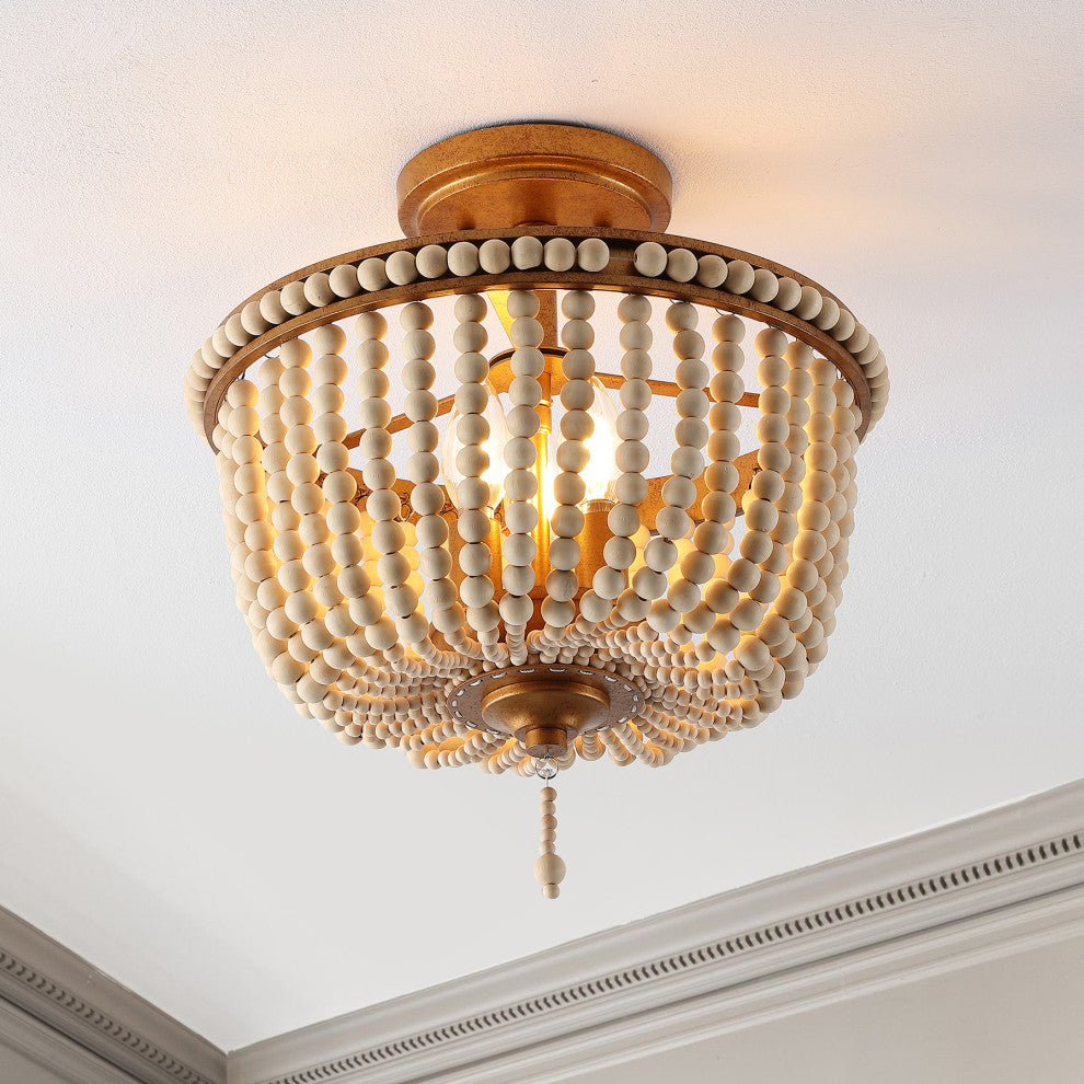 Allie 14" 3-Light Farmhouse Wood Bead/Iron LED Semi Flush Mount, Gold/Taupe