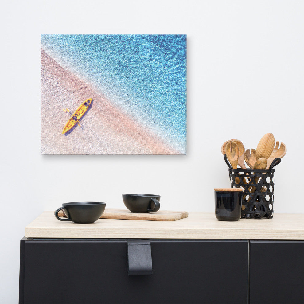 Yellow Canoe and Blue Sea by with Violet Glow Landscape Photo Canvas Art Print, 16" X 20"