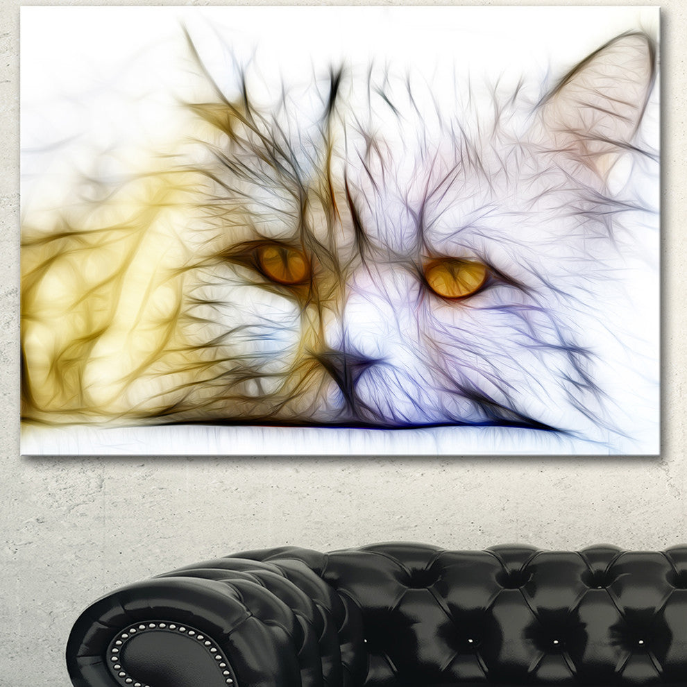 Cute White Cat Fractal Illustration, Animal Canvas Art Print, 40"x30"