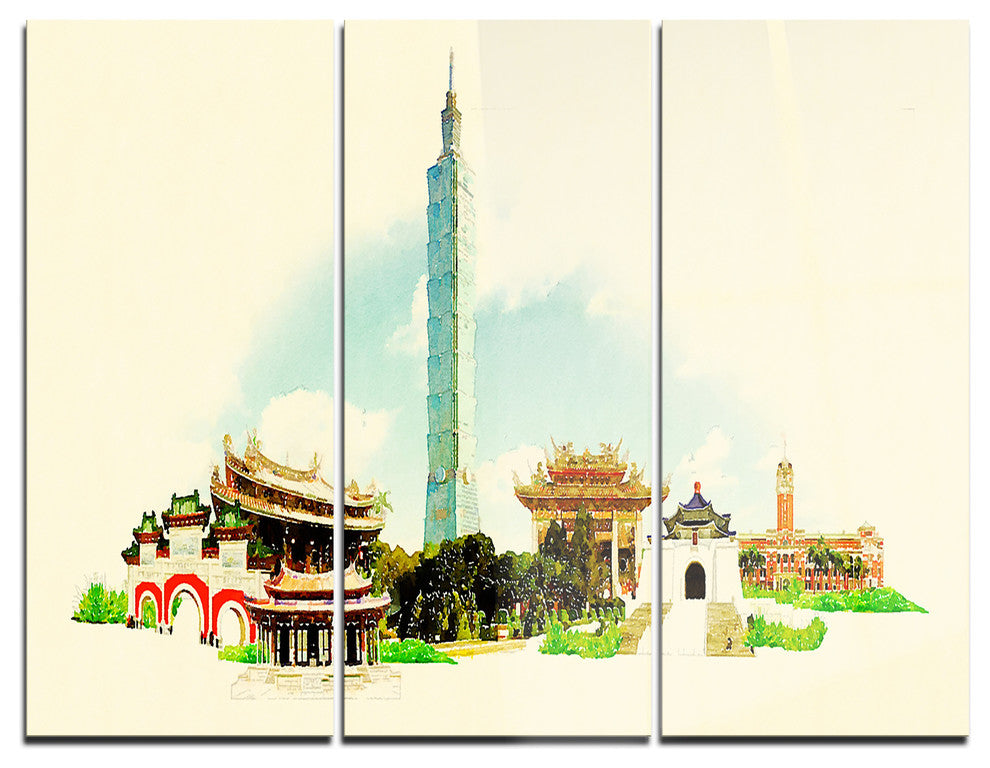 "Taipei Panoramic View" Watercolor Metal Wall Art, 3 Panels, 36"x28"