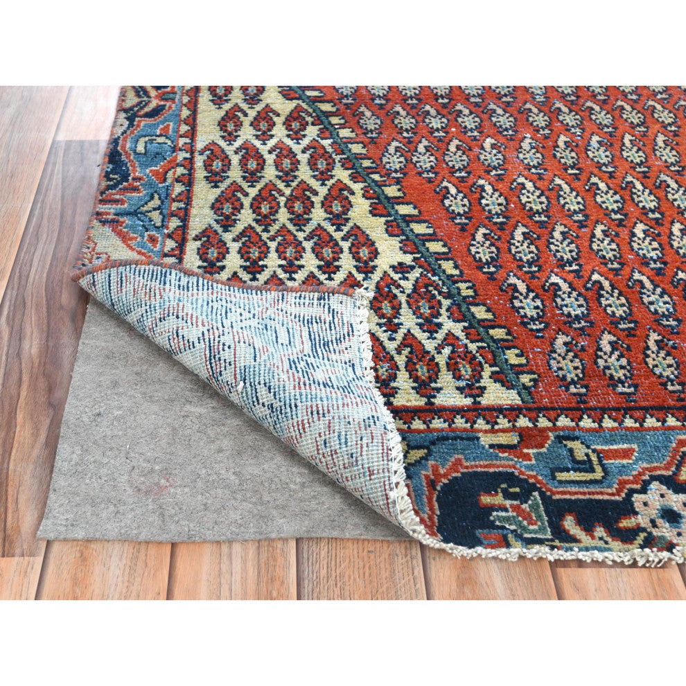 Tomato Red Wool Vintage Persian Serab Hand Knotted Wool Worn Down Rug, 3'7"x9'3"