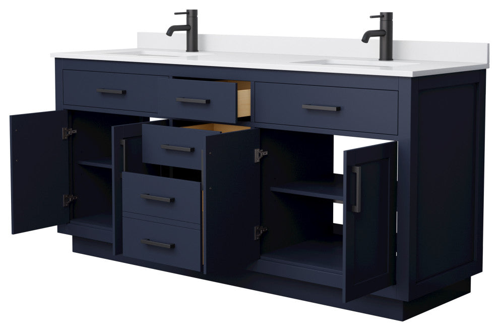 Beckett TK 72" Dark Blue Double Vanity,  Cultured Top, Black Trim
