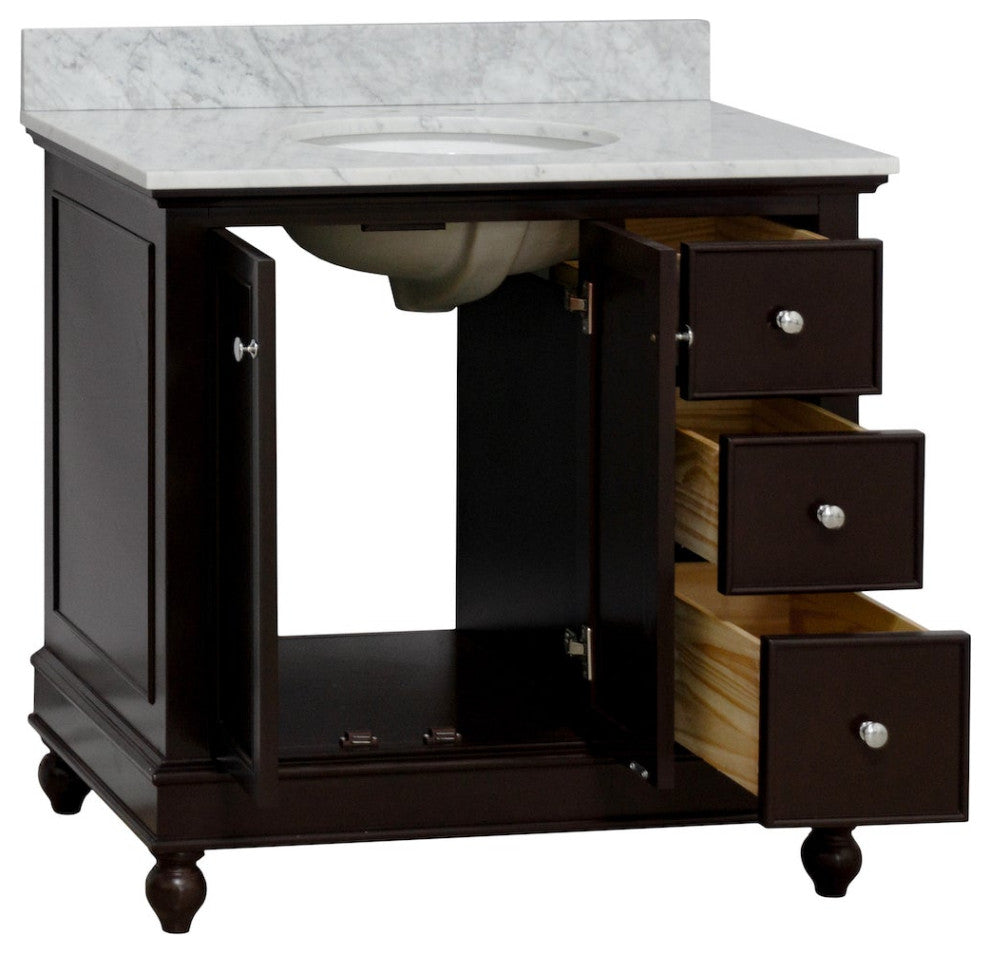 Bella 36" Bathroom Vanity, Chocolate, Carrara Marble