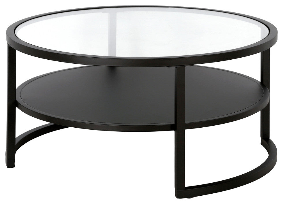 34" Black Glass And Steel Round Coffee Table With Shelf
