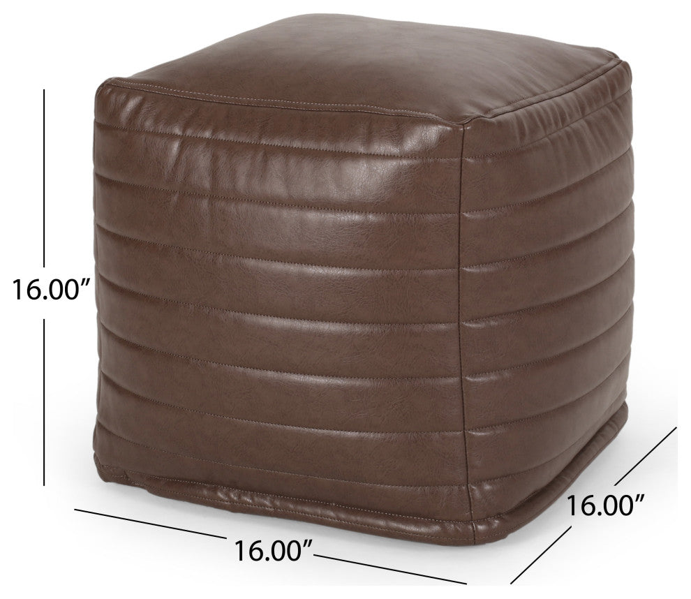 Conrail Contemporary Faux Leather Channel Stitch Pouf, Brown, Cube