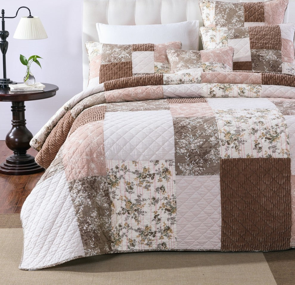 Bohemian Patchwork Dusty Rose Pink & Chocolate Brown Floral Bedspread Set, Twin