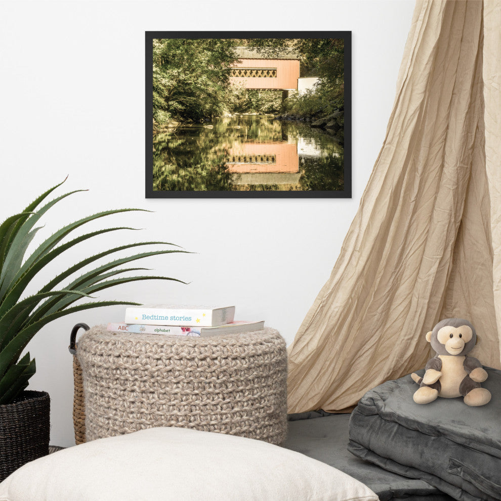 The Reflections of Wooddale Covered Bridge Aged Framed Photo Wall Art Print, Black, 16" X 20"