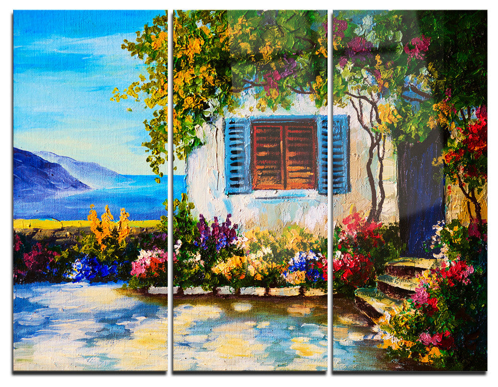 "House Near Sea Oil Painting" Painting Metal Wall Art, 3 Panels, 36"x28"