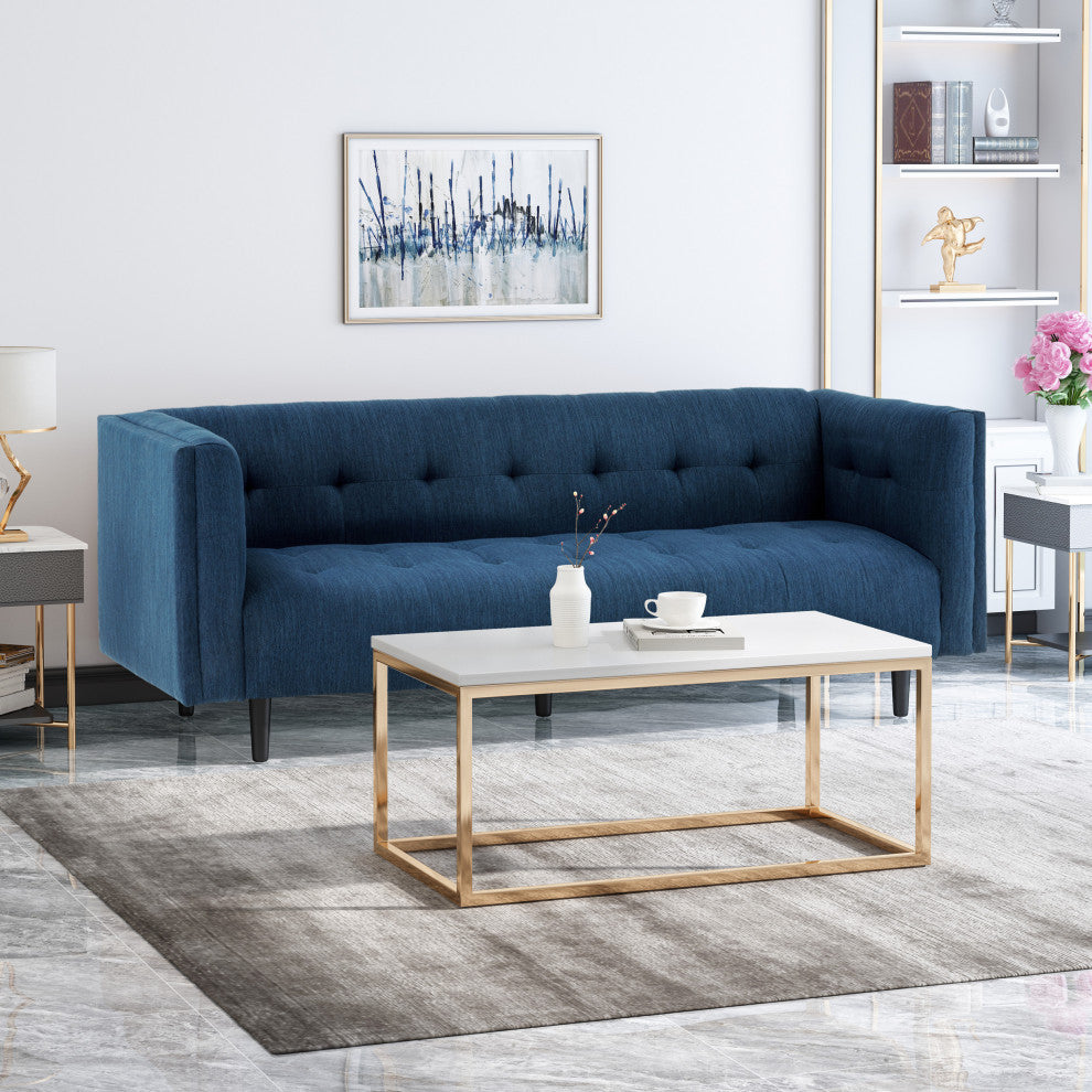 Plano Mid-Century Modern Tufted 3-Seater Sofa, Light Gray/Dark Brown, Navy Blue/Dark Brown
