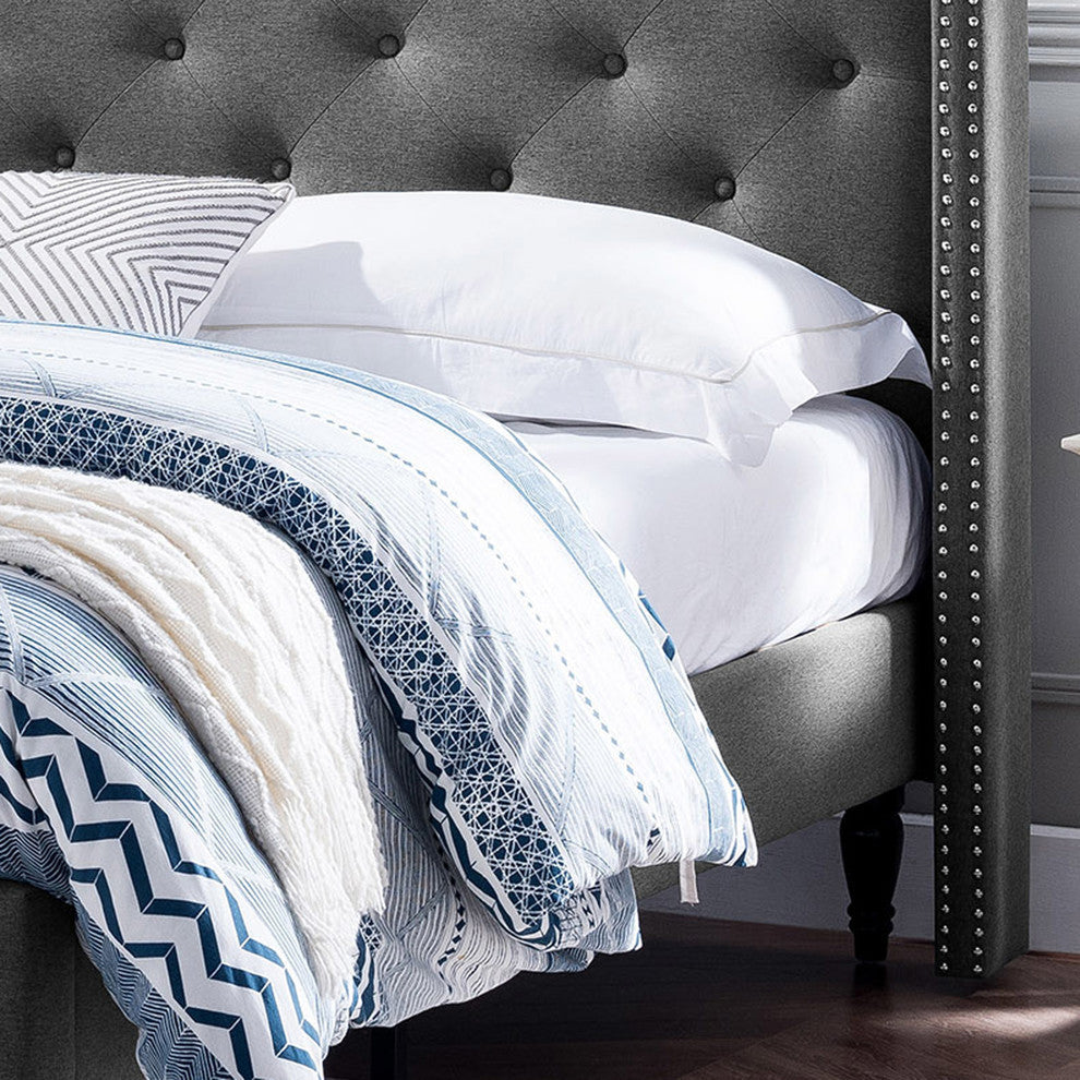 GDF Studio Ray Traditional Fully-Upholstered Queen-Size Bed Frame, Charcoal Gray