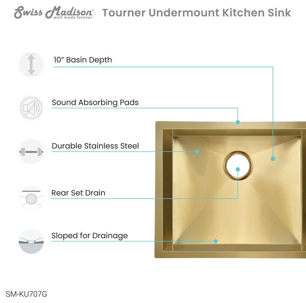 Tourner 21"x18" Stainless Steel, Single Basin, Undermount Sink, Gold