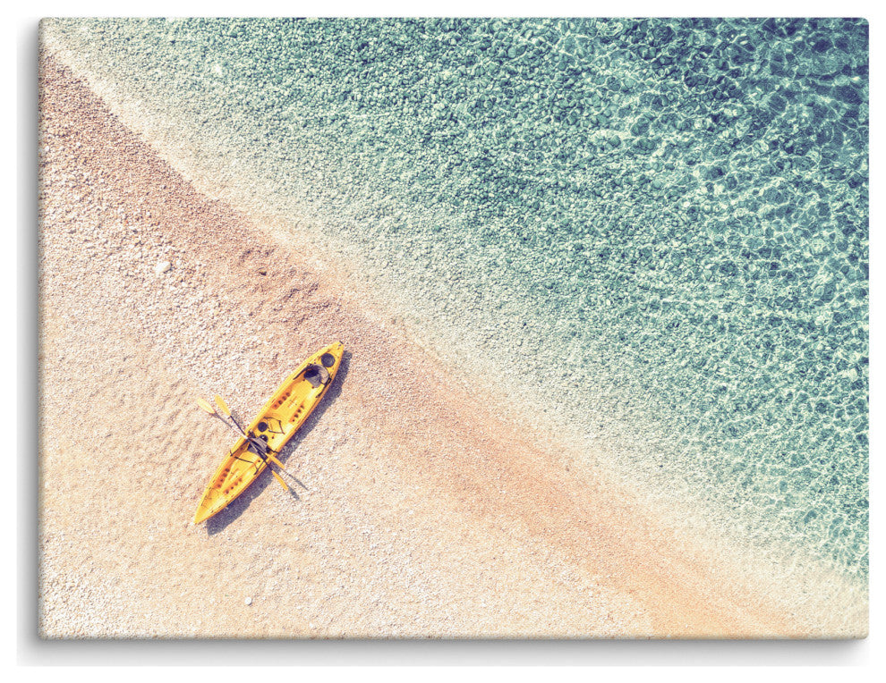 Yellow Canoe and Blue Sea by with Soft Violet Effect Canvas Wall Art Prints, 18" X 24"