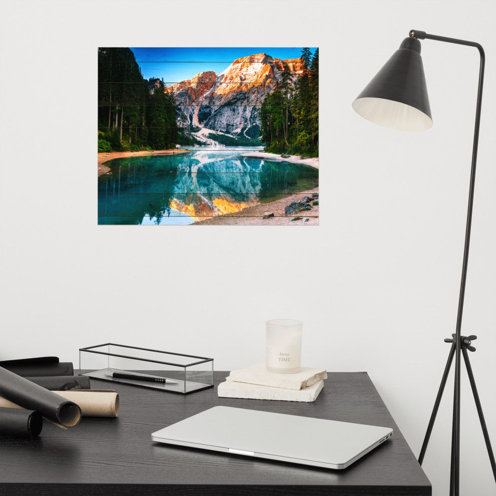 Faux Wood Misty Lake and Snow-cap Mountain Reflections Unframed Wall Art Prints, 16" X 20"