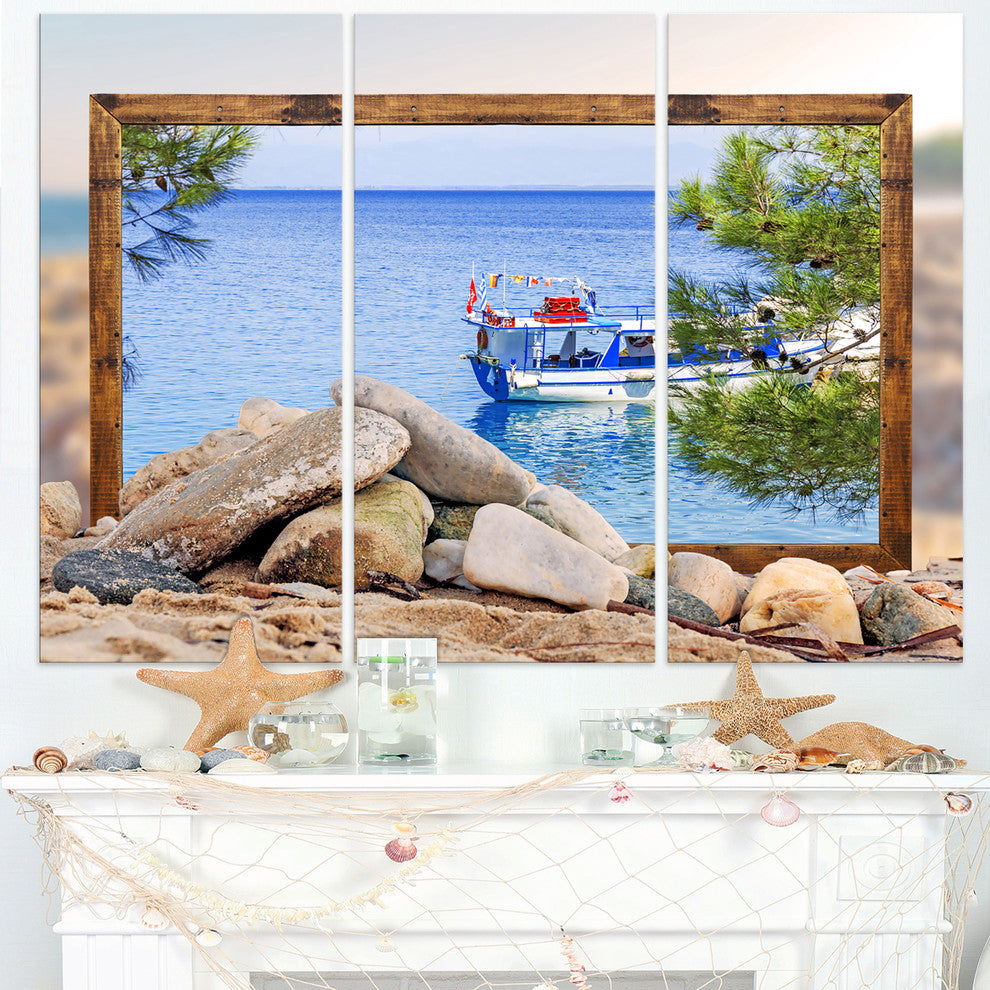 "Framed Boat in Ocean" Art Canvas Print, 3 Panels, 36"x28"
