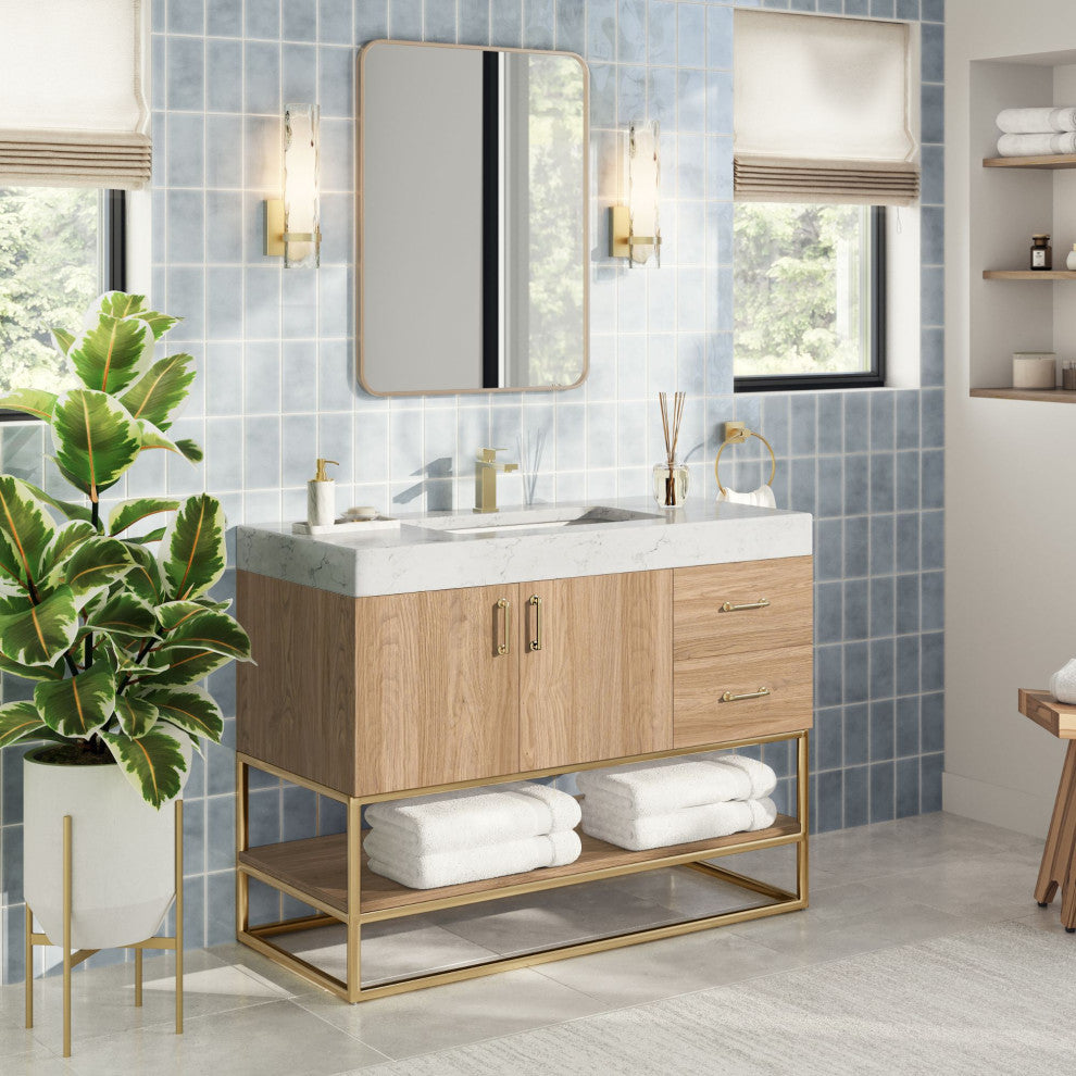 Bahia Bath Vanity, Oak, 42", Brushed Gold Hardware, Single, Freestanding