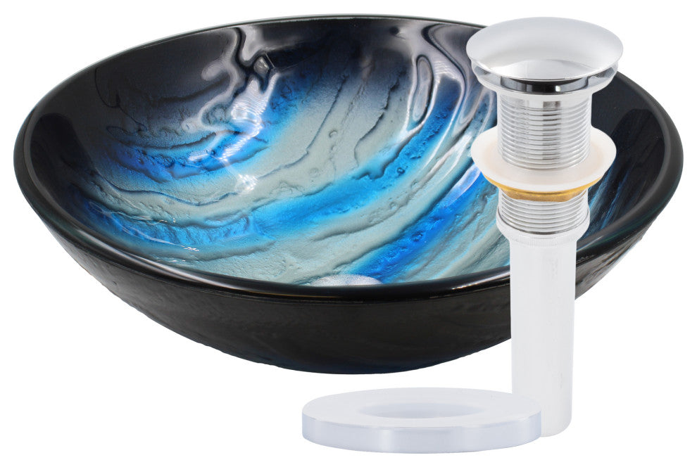 Tigre Blue and Silver Painted Glass Bathroom Vessel Sink and Drain, Chrome