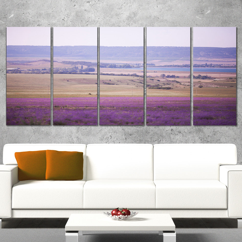 Calm Sunset over Lavender Field, Floral Canvas Art Print, 60"x28", 5 Panels
