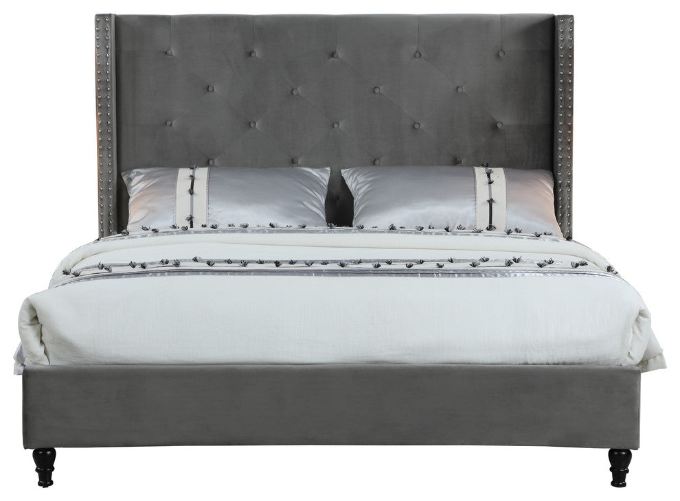 Valentina Upholstered Velvet Wingback Platform Bed, Gray, Eastern King