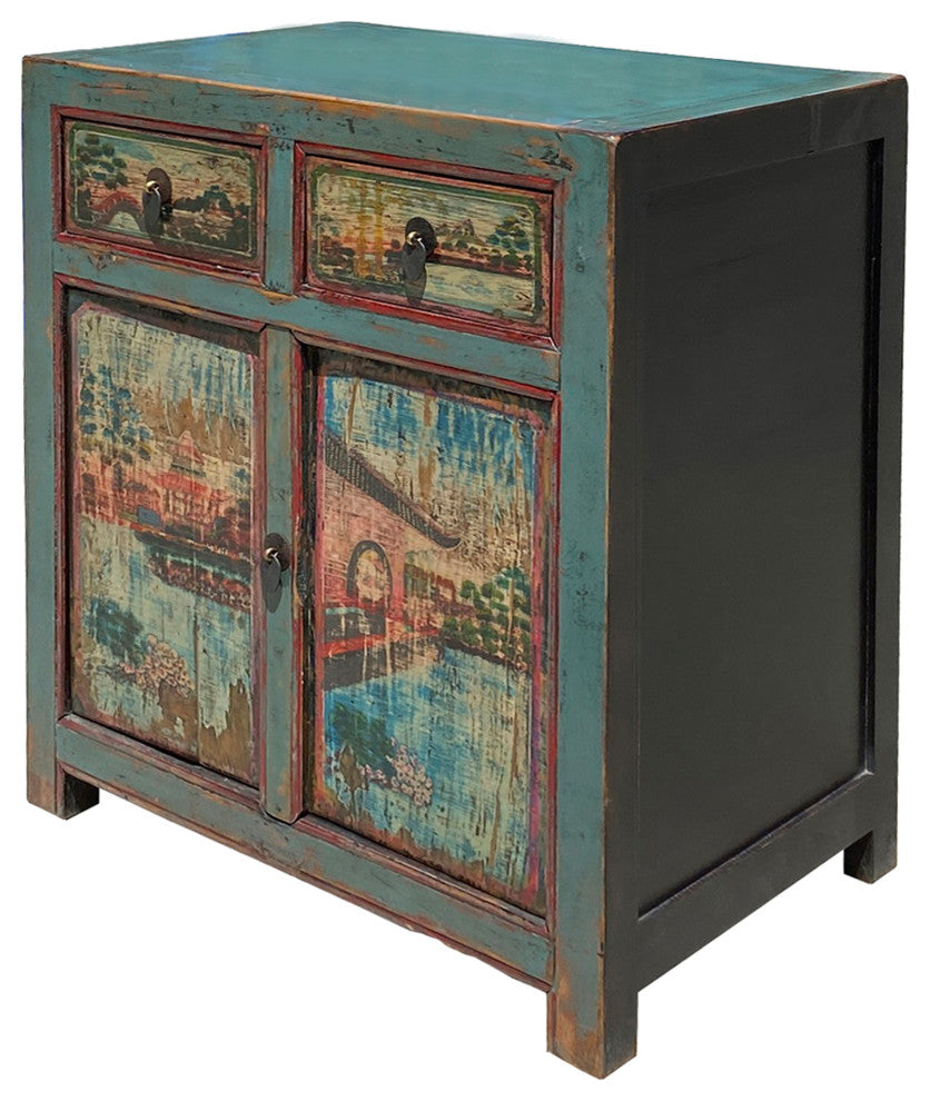 Chinese Distressed Turquoise Blue Old Graphic Credenza Cabinet Hcs7312