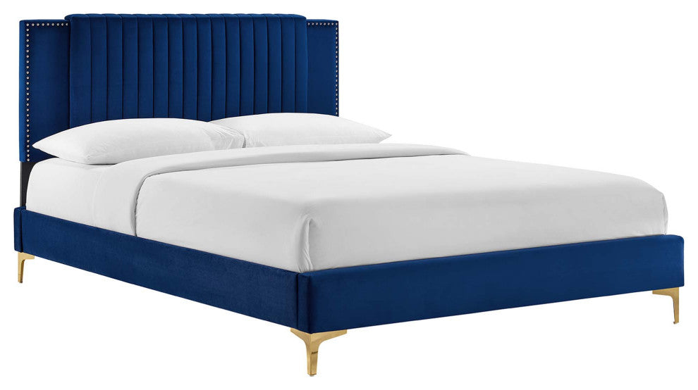 Zahra Channel Tufted Performance Velvet Queen Platform Bed, Navy