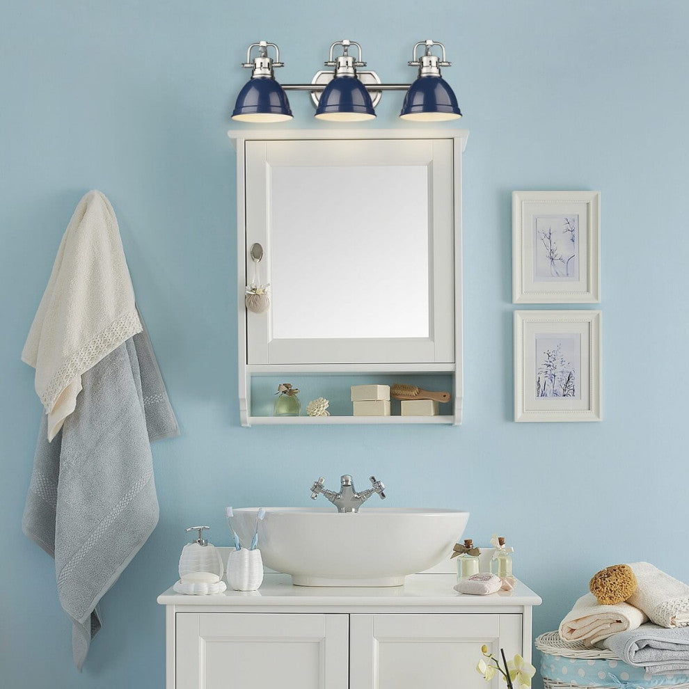 3 Light 25" Bath Vanity Light, Pewter With Navy Blue Shade