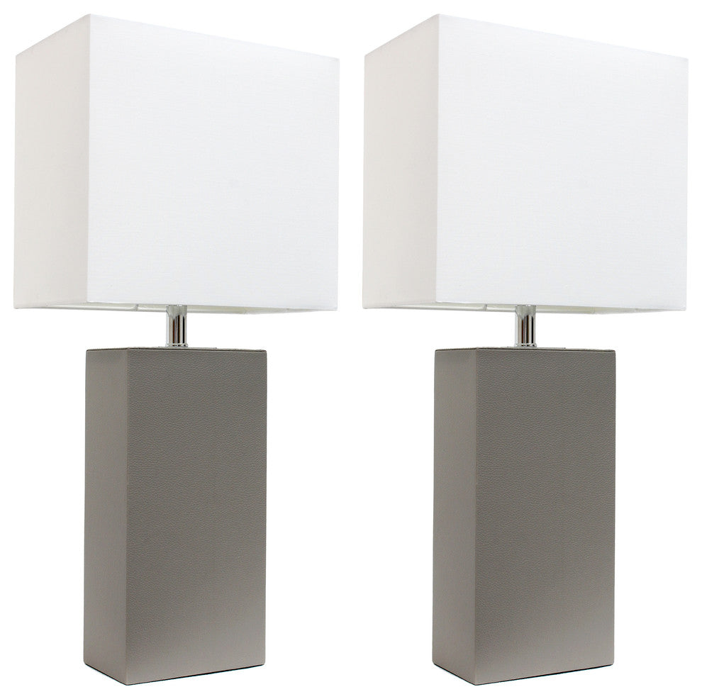 Elegant Designs 2-Pack Modern Leather Table Lamps With White Fabric Shades, Gray