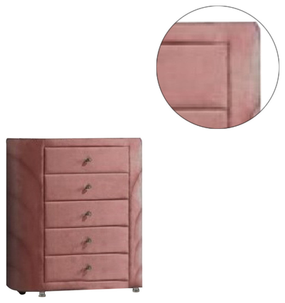 Benzara BM275663 Tall Dresser Chest, 5 Drawers, Round Metal Knobs, Velvet, Pink