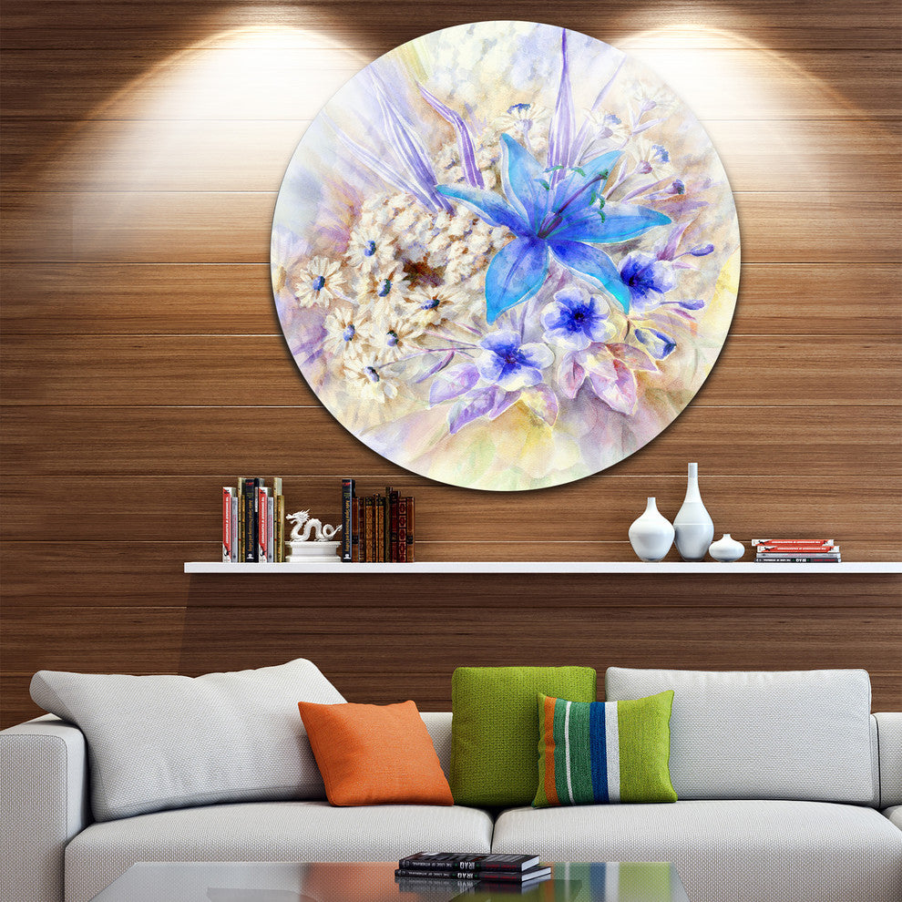 Flowers, Leaves Watercolor Art, Floral Large Disc Metal Wall Art, 11"