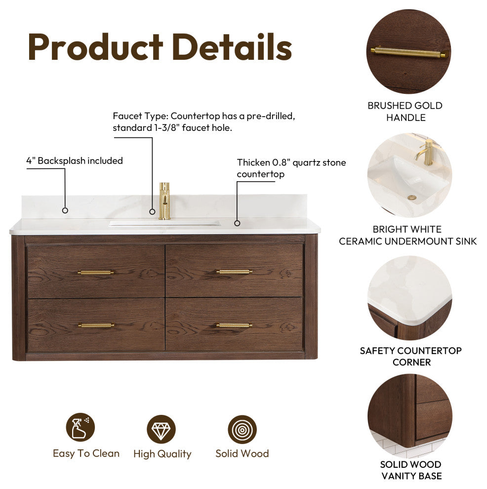 Cristo Floating Bath Vanity With Stone Top, Aged Dark Brown Oak, 48in., No Mirror