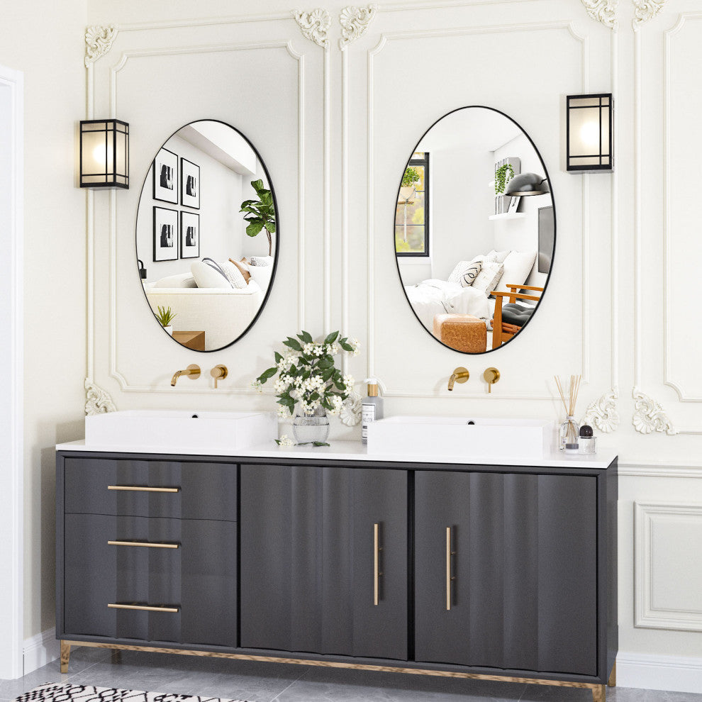 Easly Oval Aluminum Alloy Framed Mirror, Black, 26x38