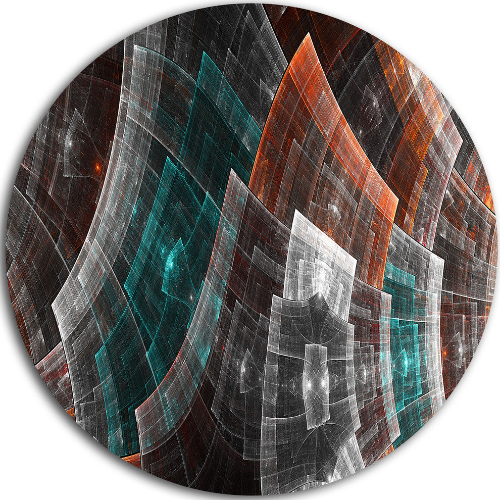 Brown And Blue Fractal Flower Grid, Abstract Disc Metal Artwork, 36"