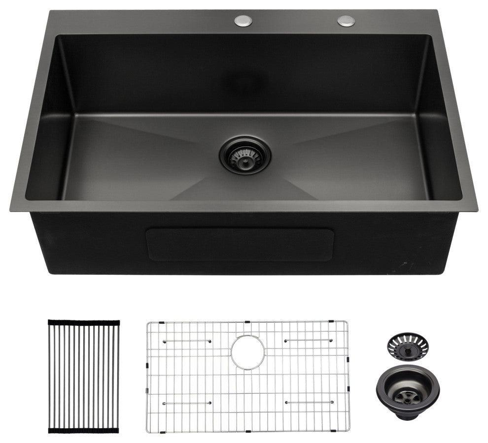 Black Stainless Steel Single Bowl Drop-In Kitchen Sink with Drain Assembly, Gunmetal Black, 33'' X 22''