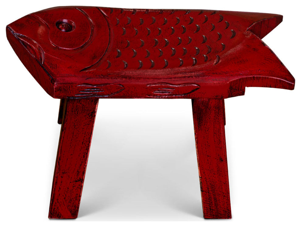 Hand Carved Distressed Red Wooden Carp Asian Stool